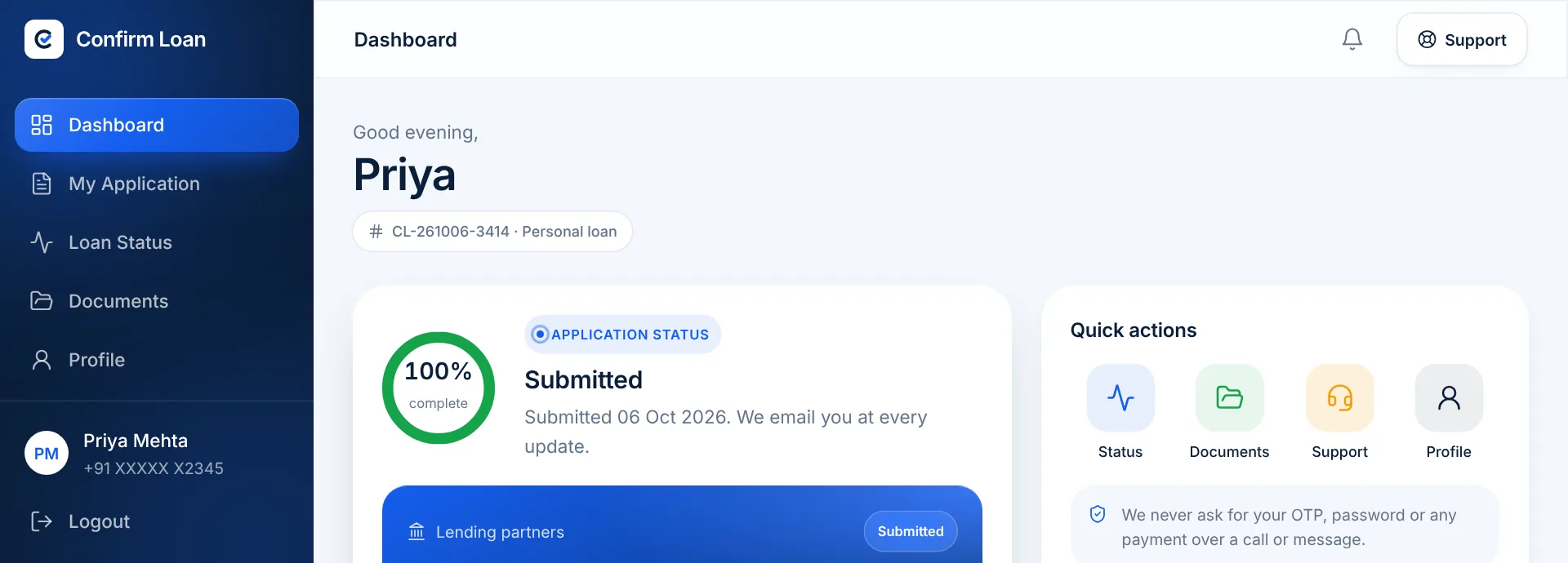 Desktop dashboard showing application ID CL-20261005-001, loan amount ₹3,00,000, estimated EMI ₹10,036 and progress through all eight application stages