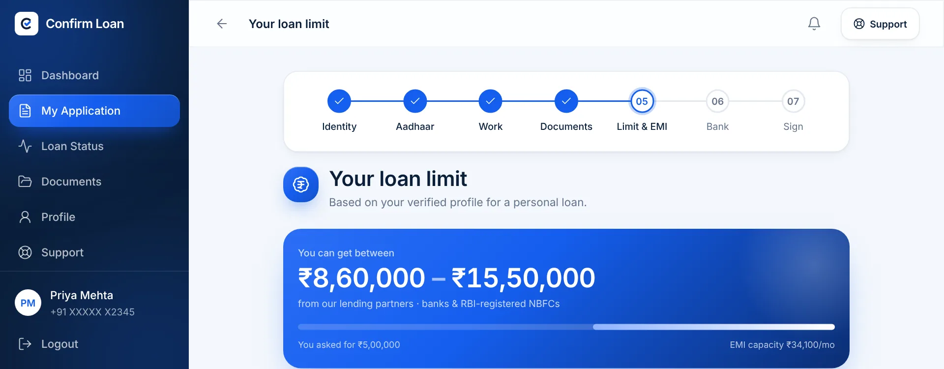 Confirm Loan dashboard showing a verified application and the loan limit