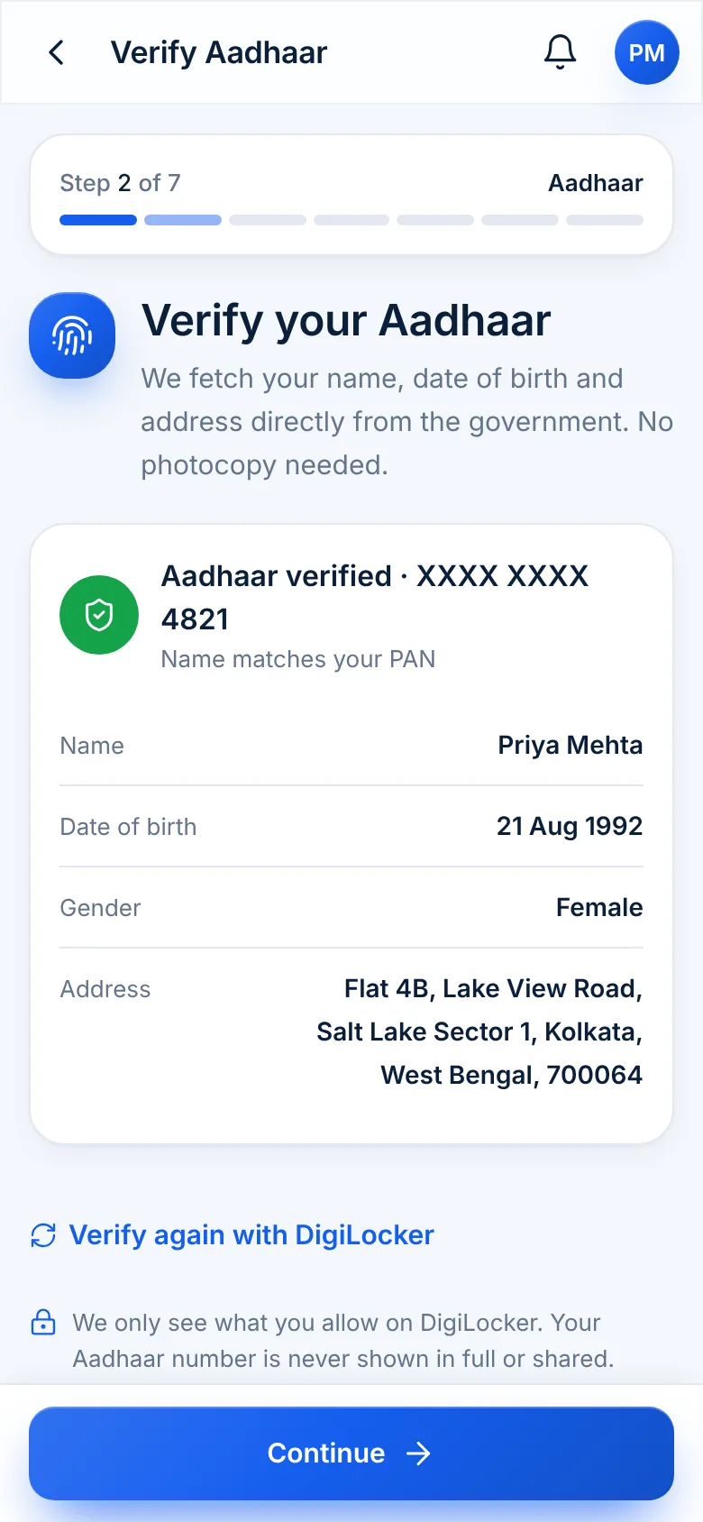 Aadhaar verified through DigiLocker with name and address