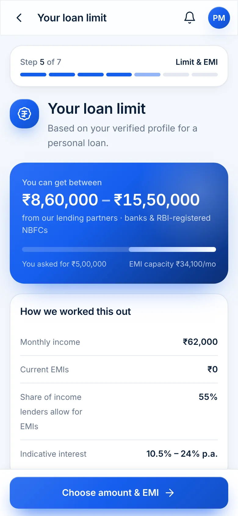 Loan limit screen showing the range available from lending partners