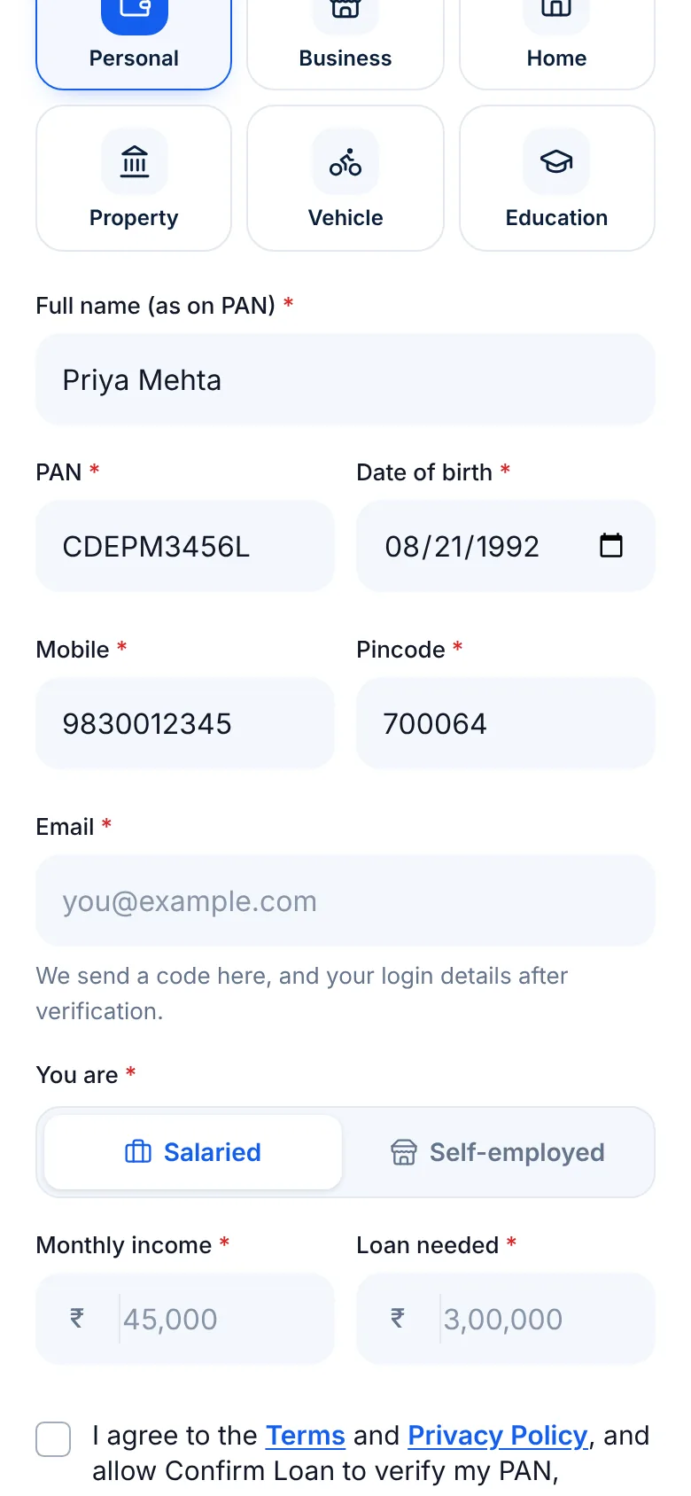 Eligibility form with loan type, PAN and income