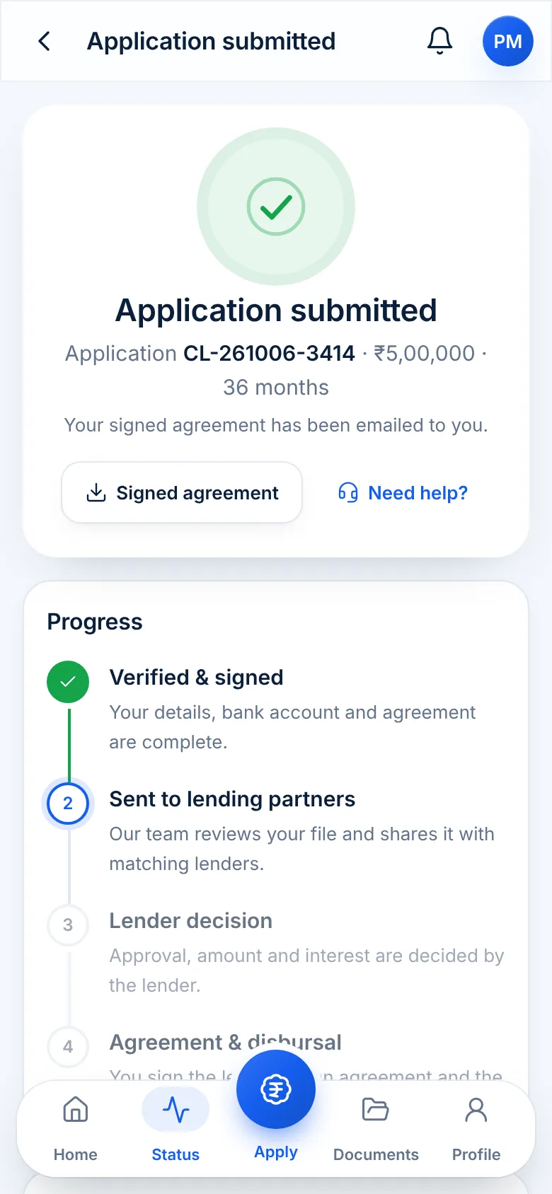 Application submitted with a four-stage progress tracker